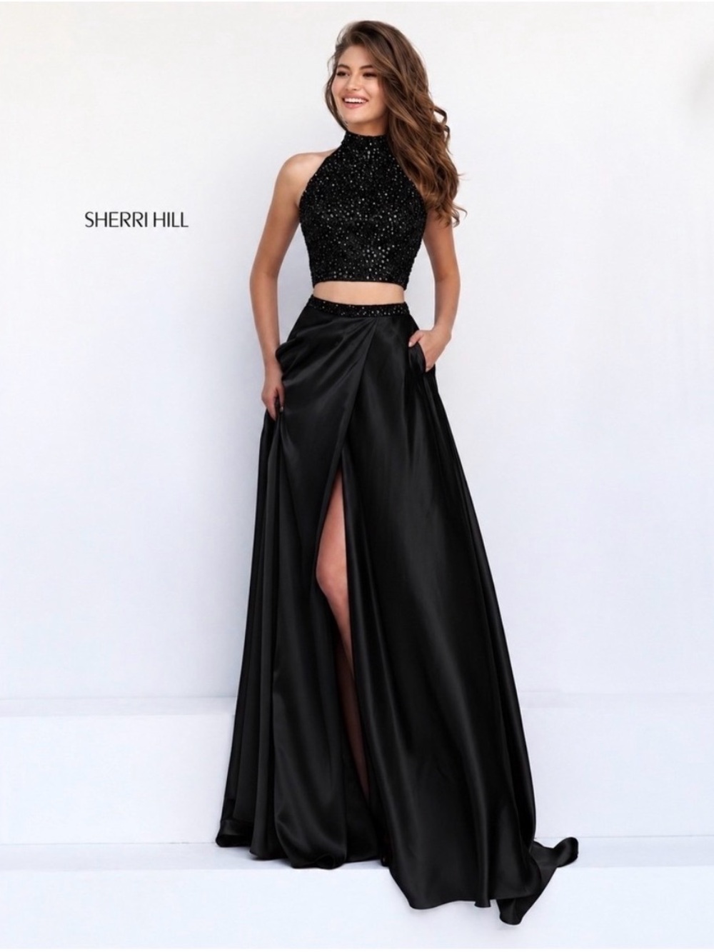 NWT $598 Sherri Hill Black Beaded Halter Two-Piece Prom Gown Dress Maxi Satin
